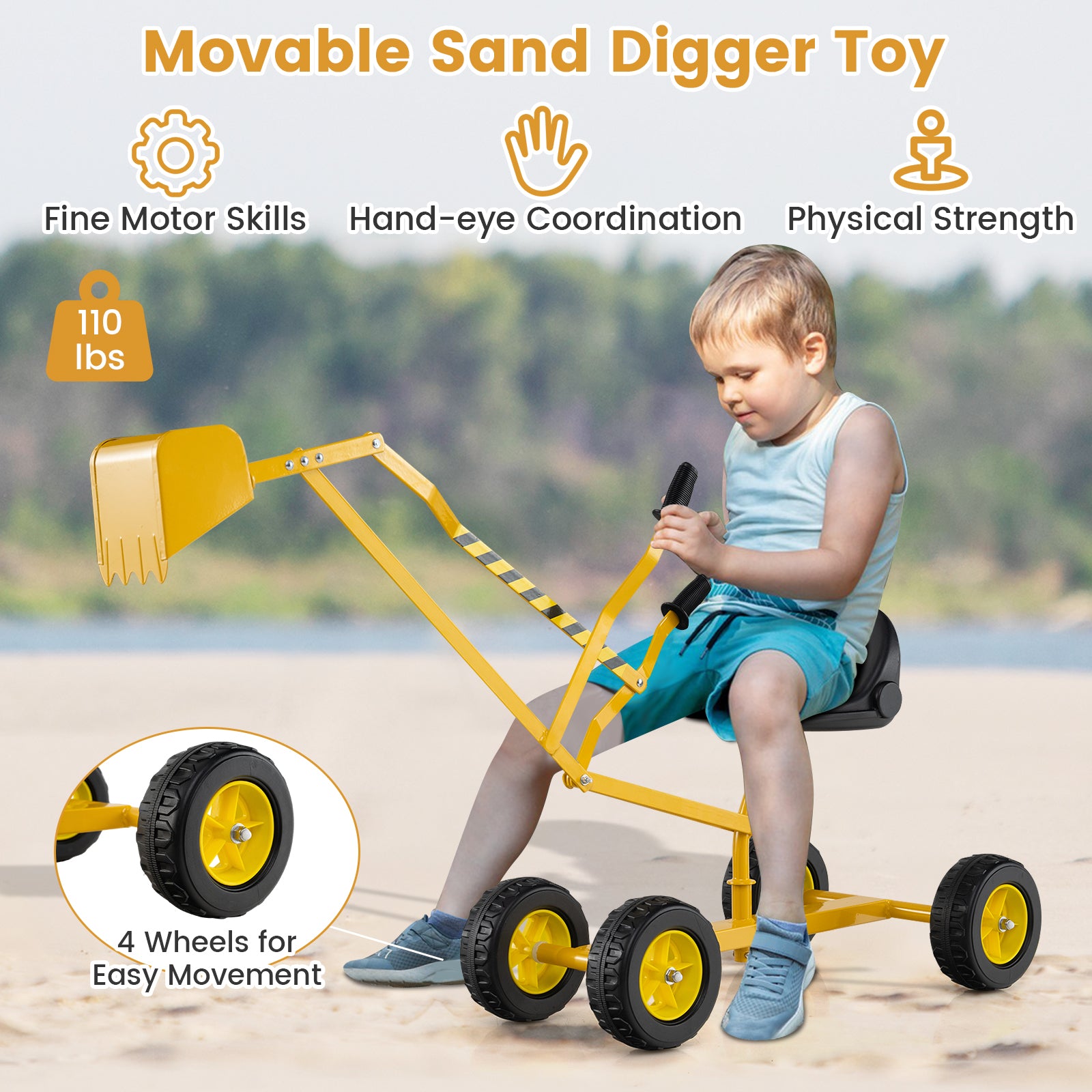 Sand Digger for Kids with 2-Handed Controls and Flexible Shovel-Yellow