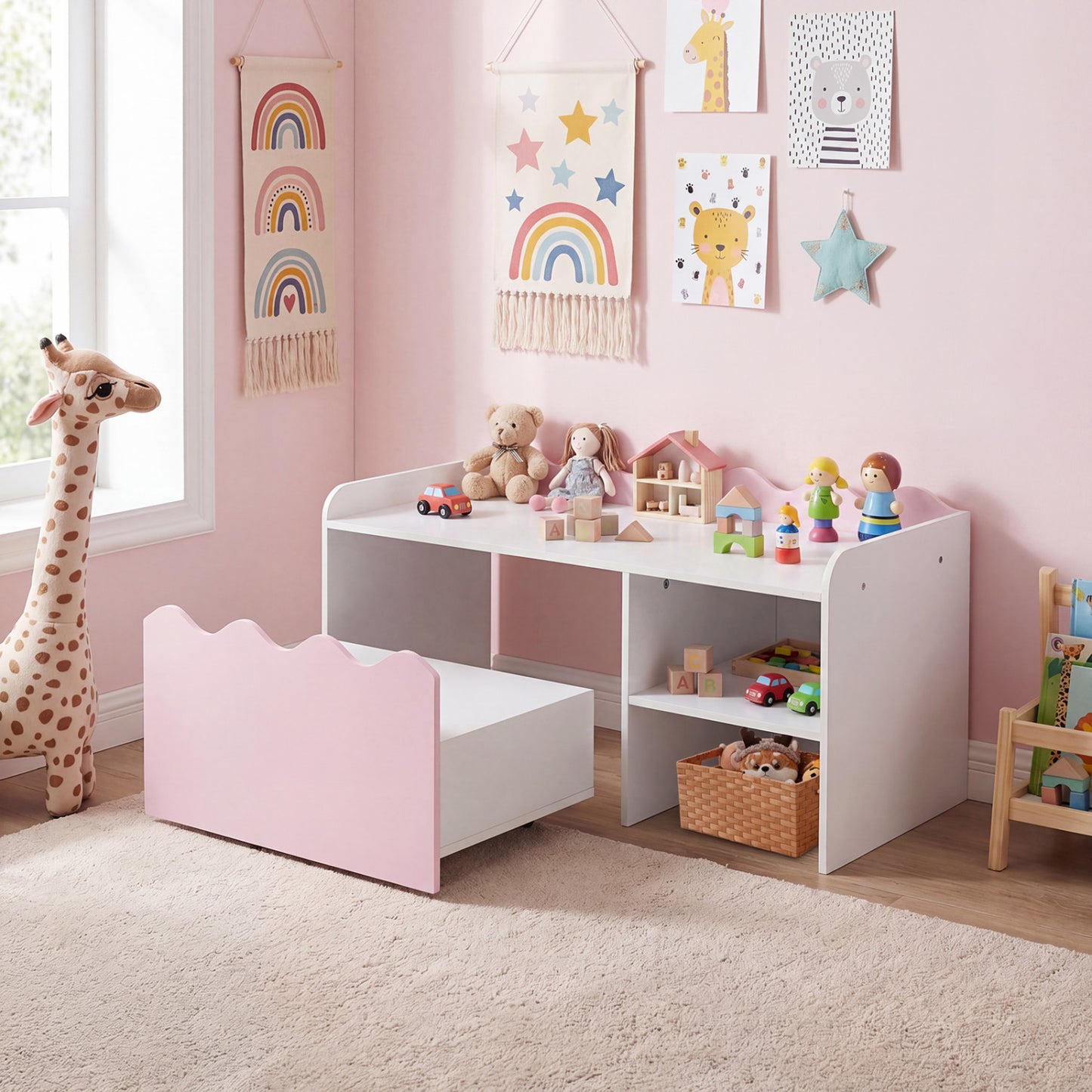 Scalloped Kids Bookshelf and Toy Storage Organizer for Playroom