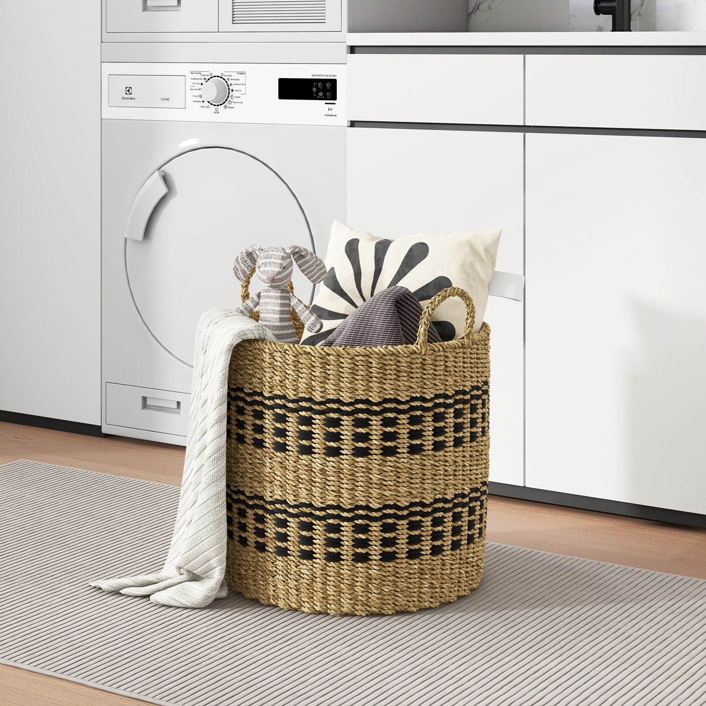 Seagrass Basket Set of 3 Stackable Storage Bins with Handles Woven Round Basket-M