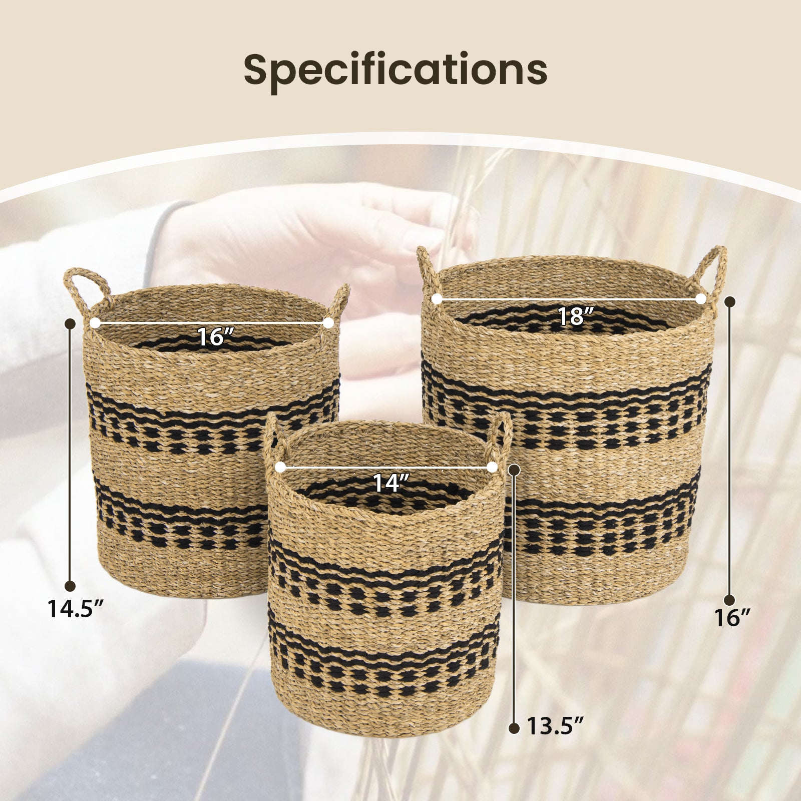 Seagrass Basket Set of 3 Stackable Storage Bins with Handles Woven Round Basket-M