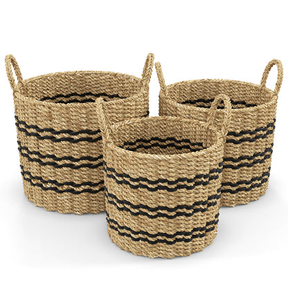 Seagrass Basket Set of 3 Stackable Storage Bins with Handles Woven Round Basket-S