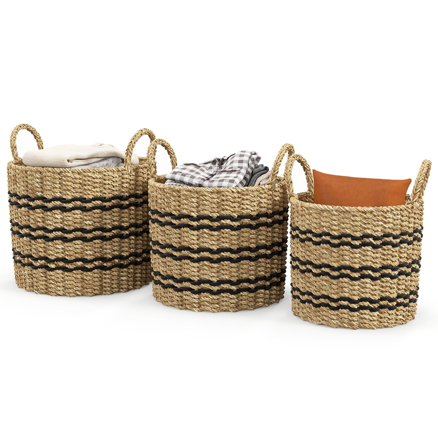Seagrass Basket Set of 3 Stackable Storage Bins with Handles Woven Round Basket-S
