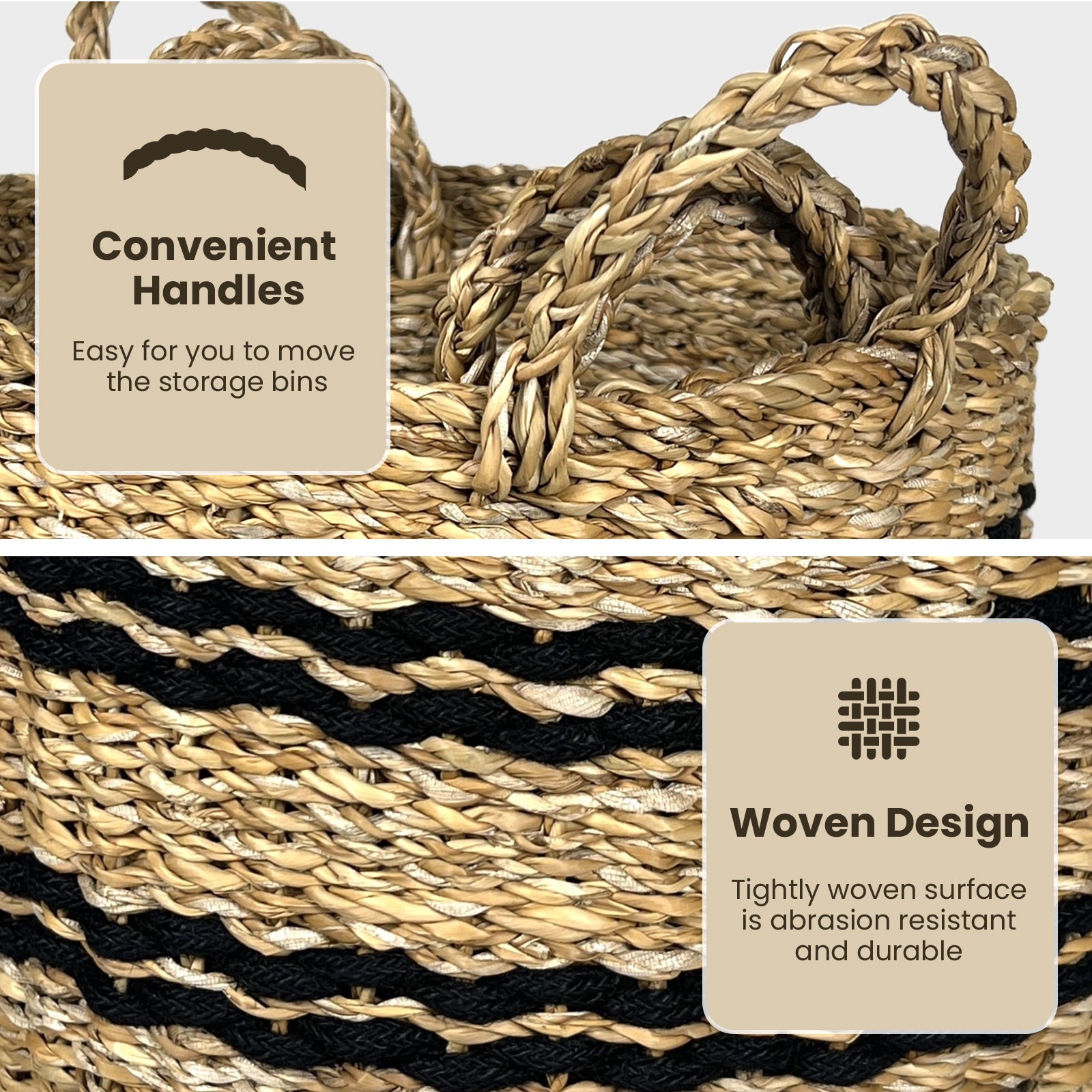 Seagrass Basket Set of 3 Stackable Storage Bins with Handles Woven Round Basket-S