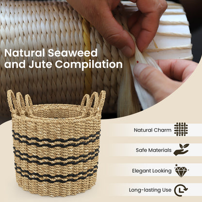 Seagrass Basket Set of 3 Stackable Storage Bins with Handles Woven Round Basket-S