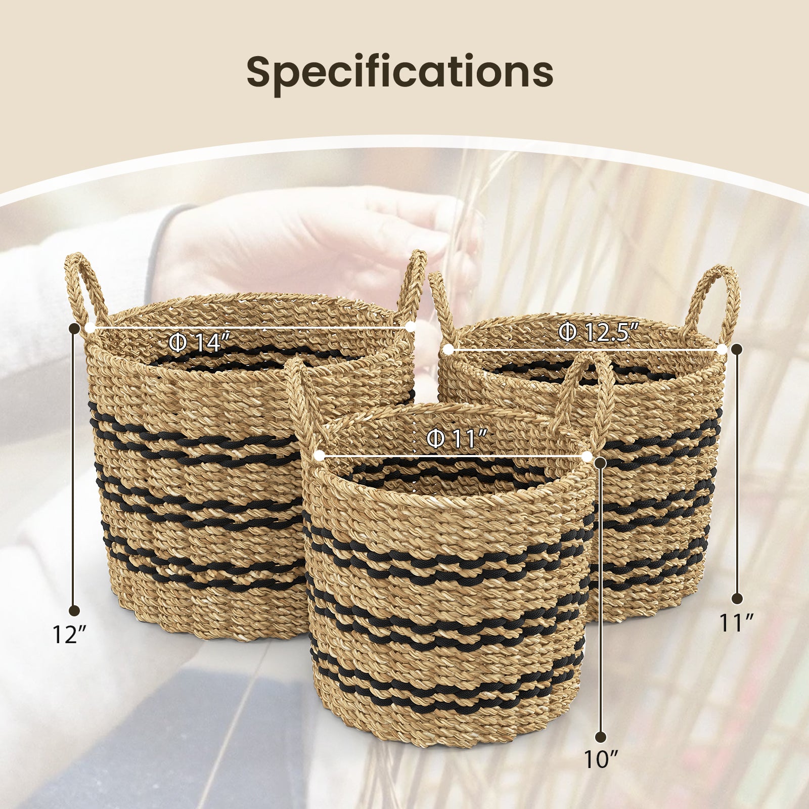 Seagrass Basket Set of 3 Stackable Storage Bins with Handles Woven Round Basket-S