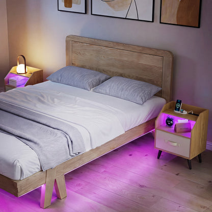 LED Nightstand Set with Charging Station & Drawer (Set of 2)
