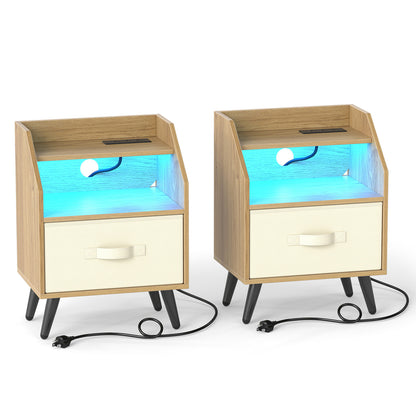 LED Nightstand Set with Charging Station & Drawer (Set of 2)