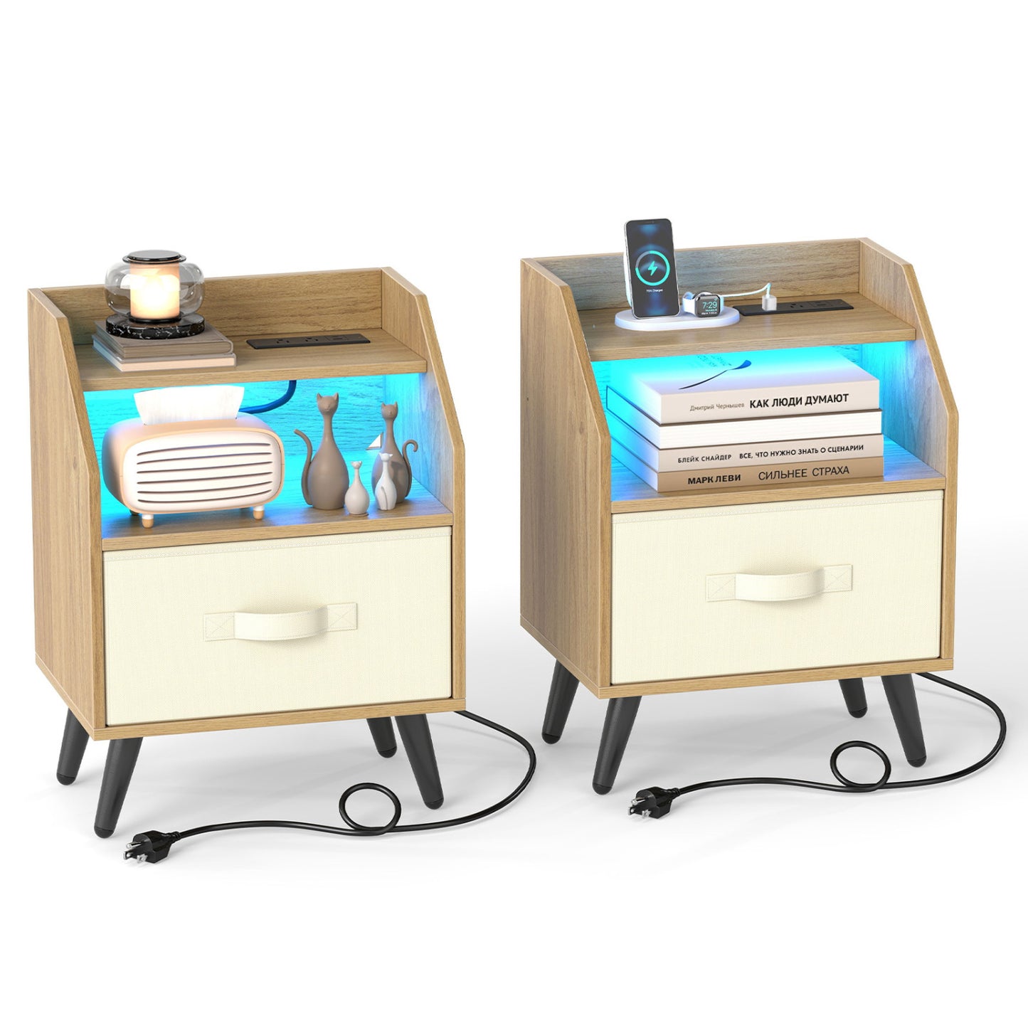 LED Nightstand Set with Charging Station & Drawer (Set of 2)