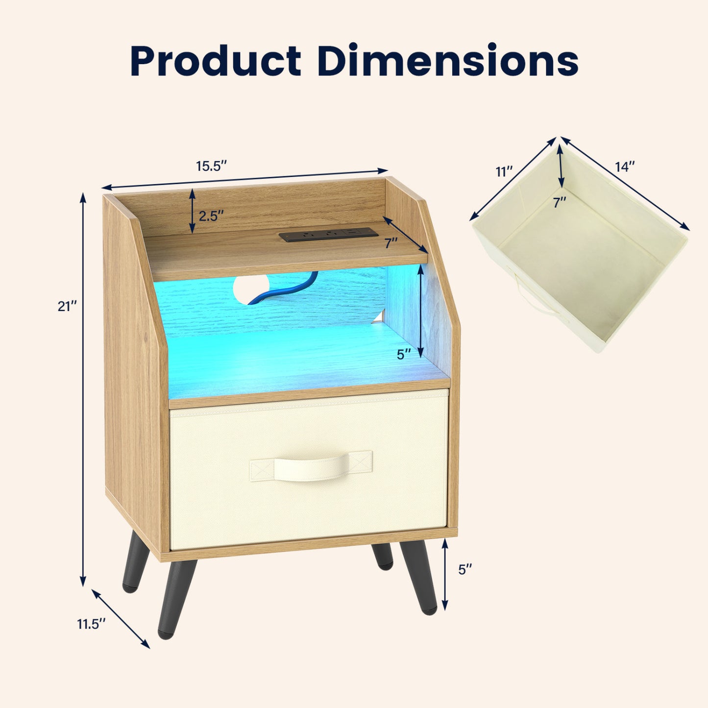 LED Nightstand Set with Charging Station & Drawer (Set of 2)