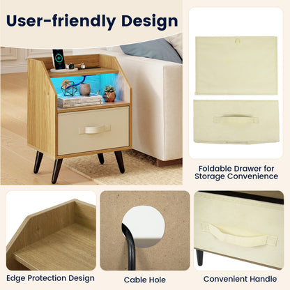 LED Nightstand Set with Charging Station & Drawer (Set of 2)