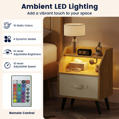 LED Nightstand Set with Charging Station & Drawer (Set of 2)