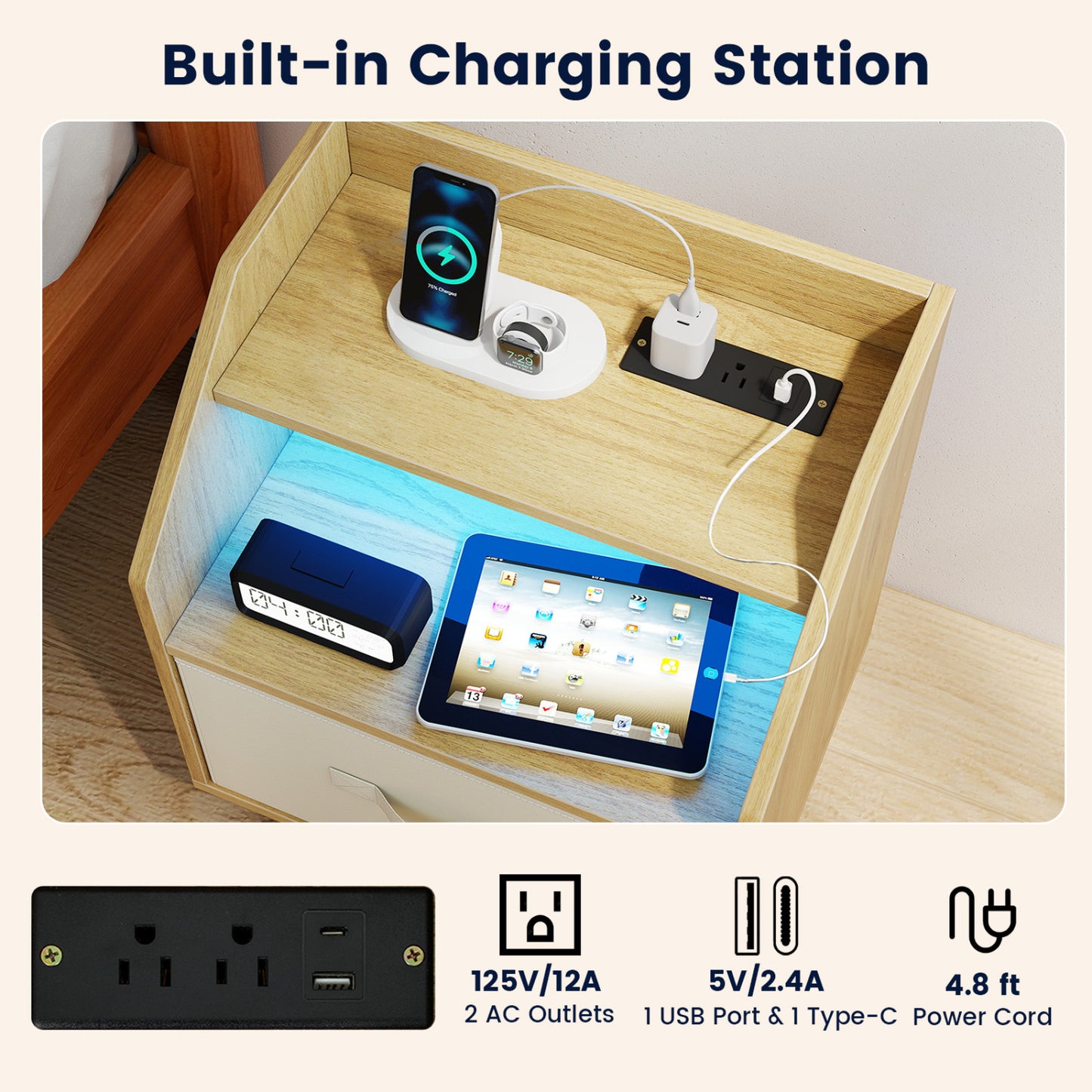 LED Nightstand Set with Charging Station & Drawer (Set of 2)