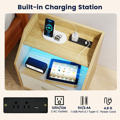 LED Nightstand Set with Charging Station & Drawer (Set of 2)