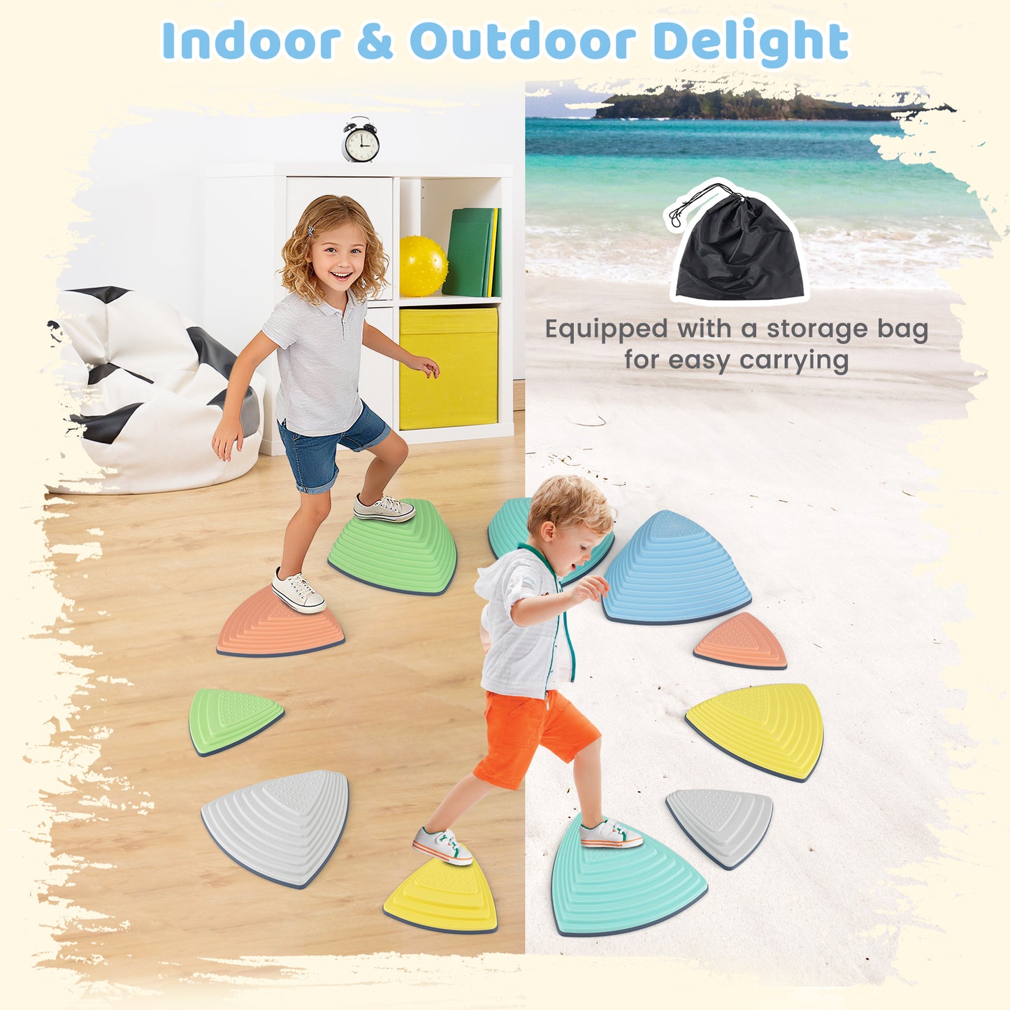 Set of 11 Stepping Stones for Kids Non-Slip Balance Stones with Storage Bag-Set of 11