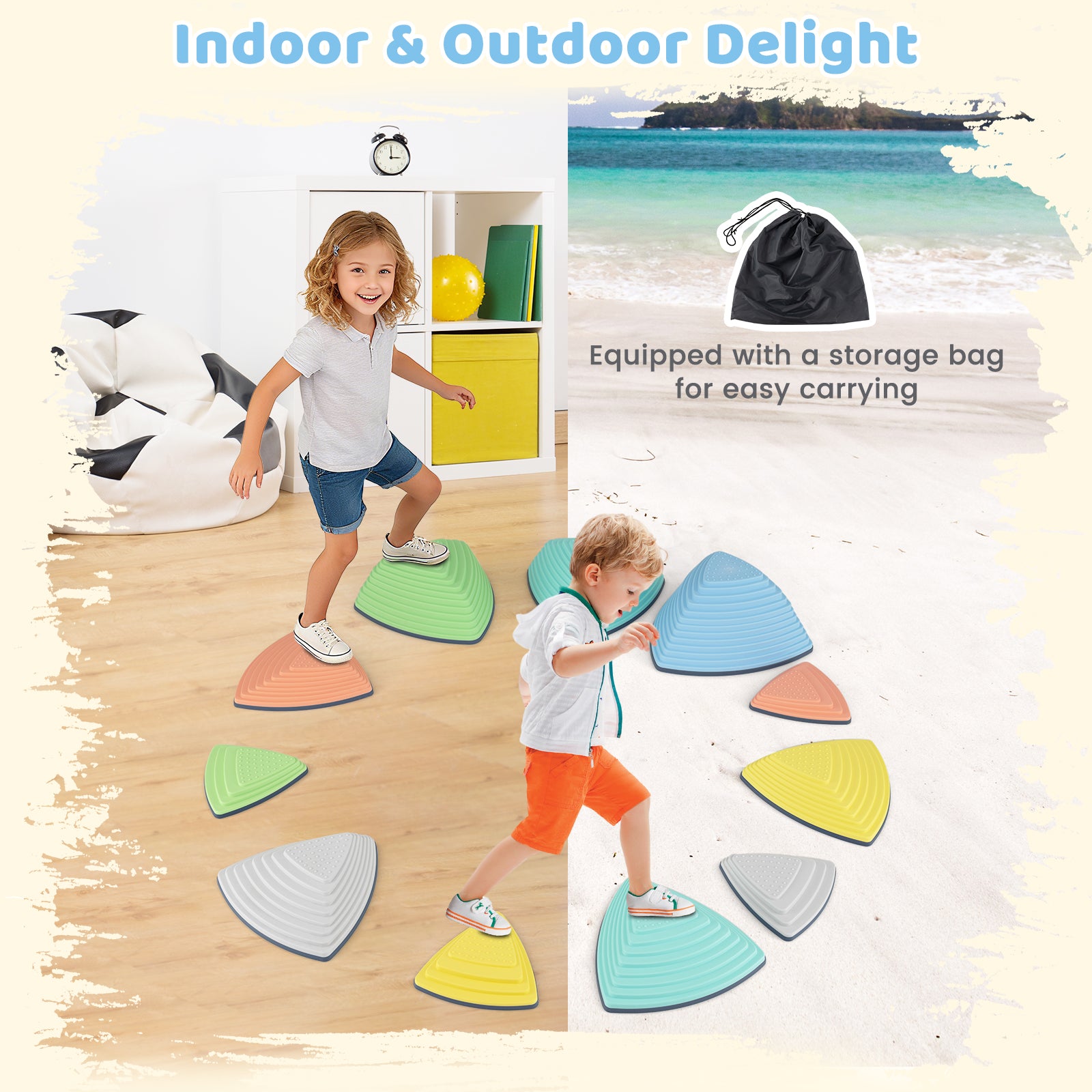 Set of 11 Stepping Stones for Kids Non-Slip Balance Stones with Storage Bag-Set of 11