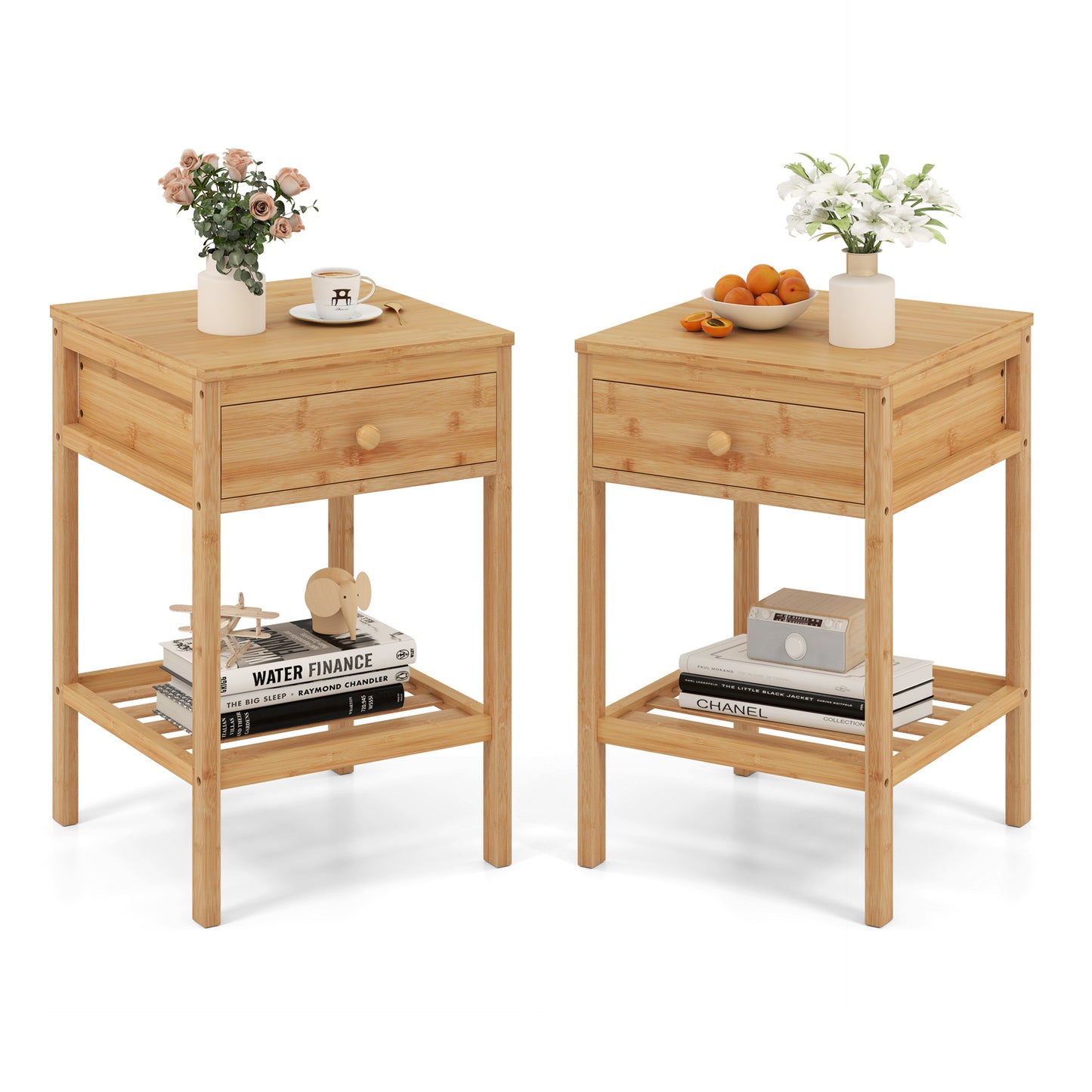 Set of 1/2 Bamboo Nightstand Bedside Table with Storage Drawer and Open Shelf-2 pieces