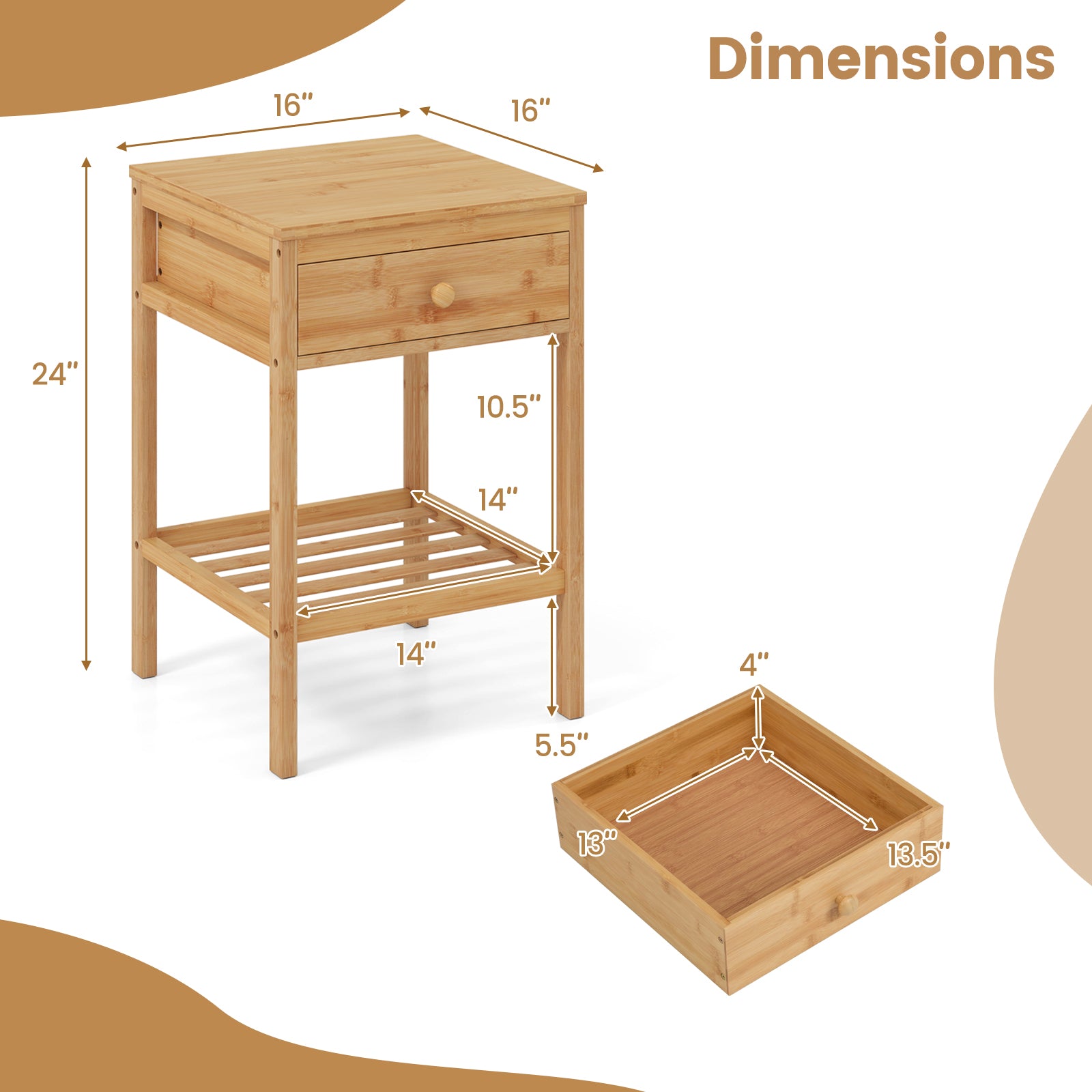 Set of 1/2 Bamboo Nightstand Bedside Table with Storage Drawer and Open Shelf-2 pieces