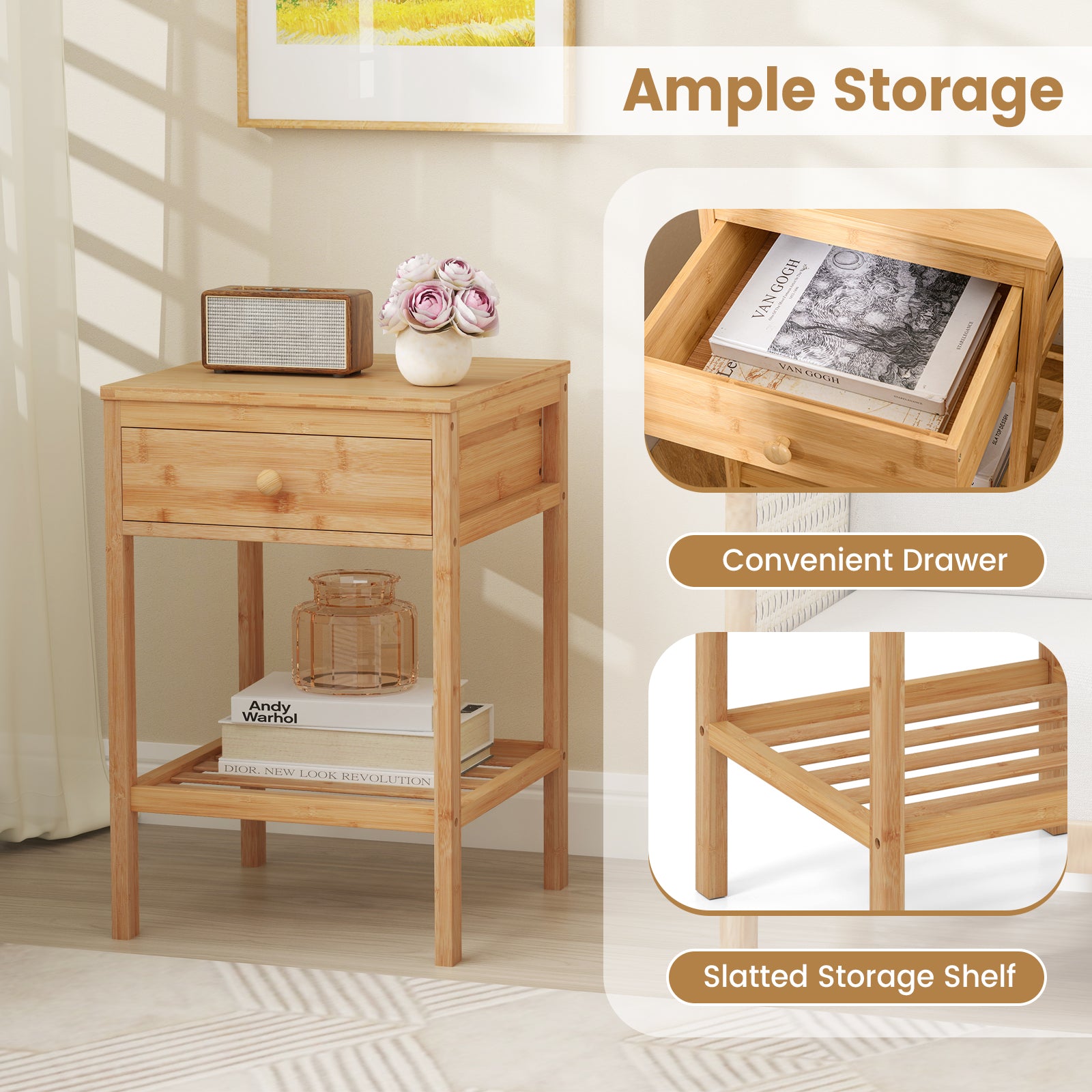 Set of 1/2 Bamboo Nightstand Bedside Table with Storage Drawer and Open Shelf-2 pieces