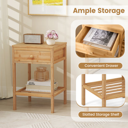Set of 1/2 Bamboo Nightstand Bedside Table with Storage Drawer and Open Shelf-2 pieces