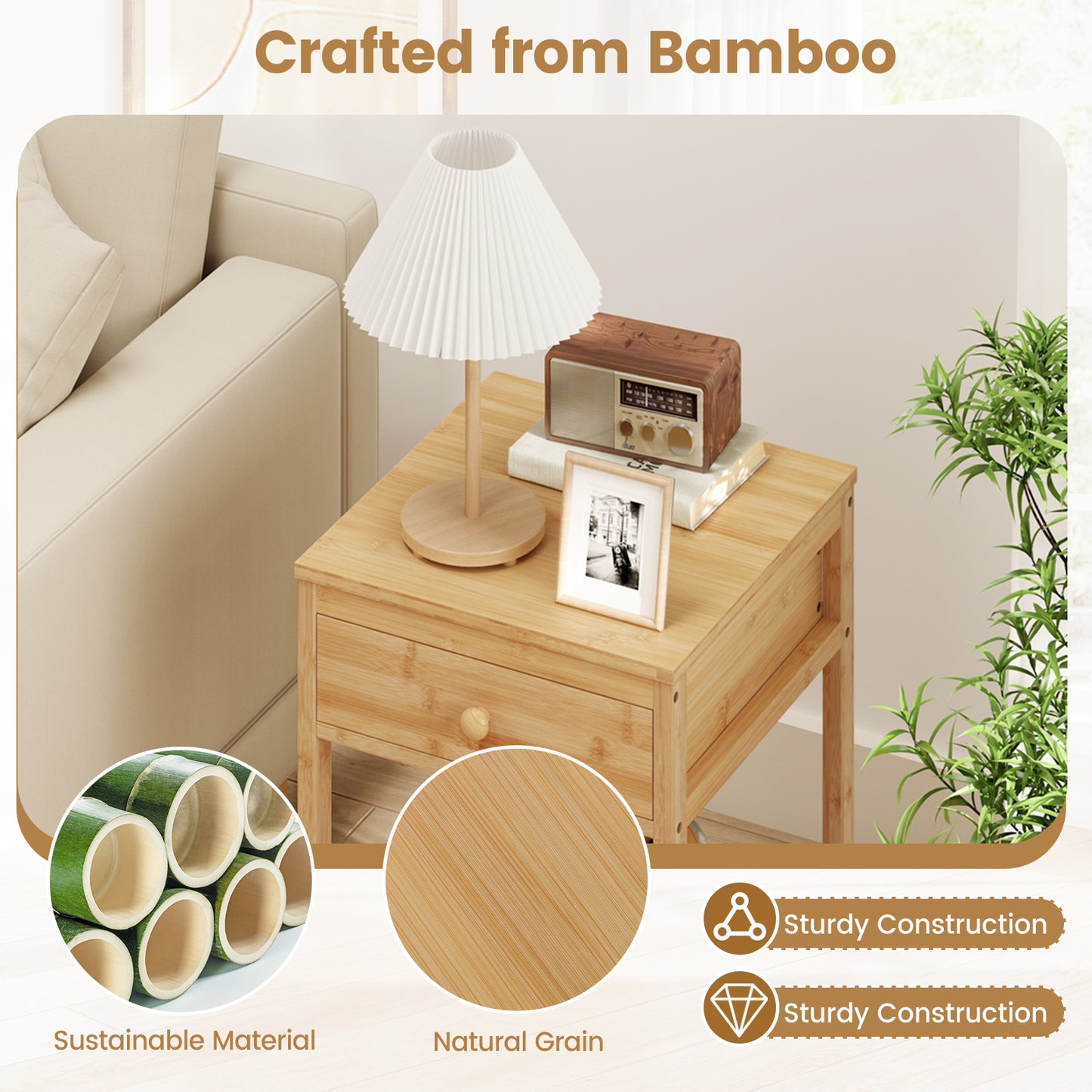 Set of 1/2 Bamboo Nightstand Bedside Table with Storage Drawer and Open Shelf-2 pieces