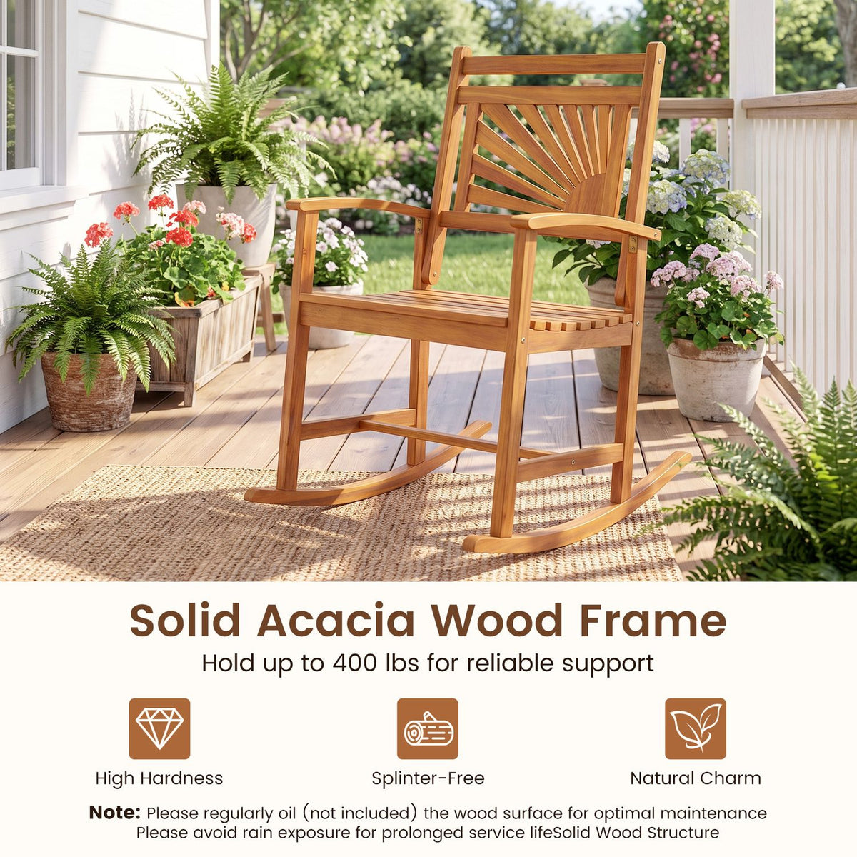 Set of 2 Acacia Wood Patio Rocking Chair with Curved Armrests