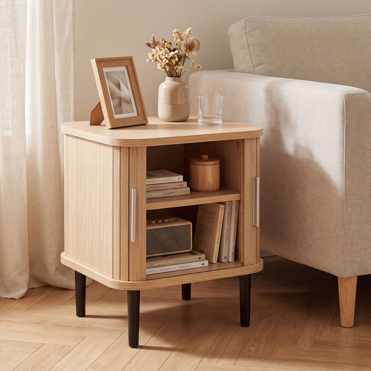 Fluted Nightstand with Sliding Doors and Adjustable Shelf