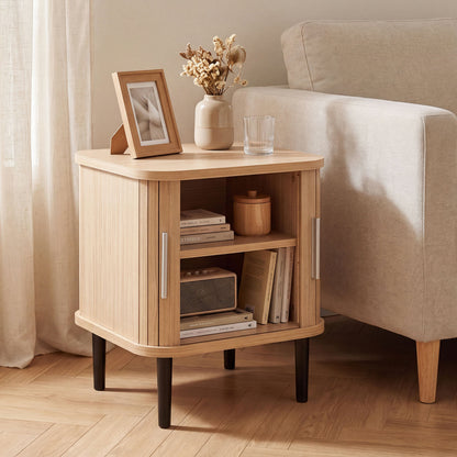 Fluted Nightstand with Sliding Doors and Adjustable Shelf