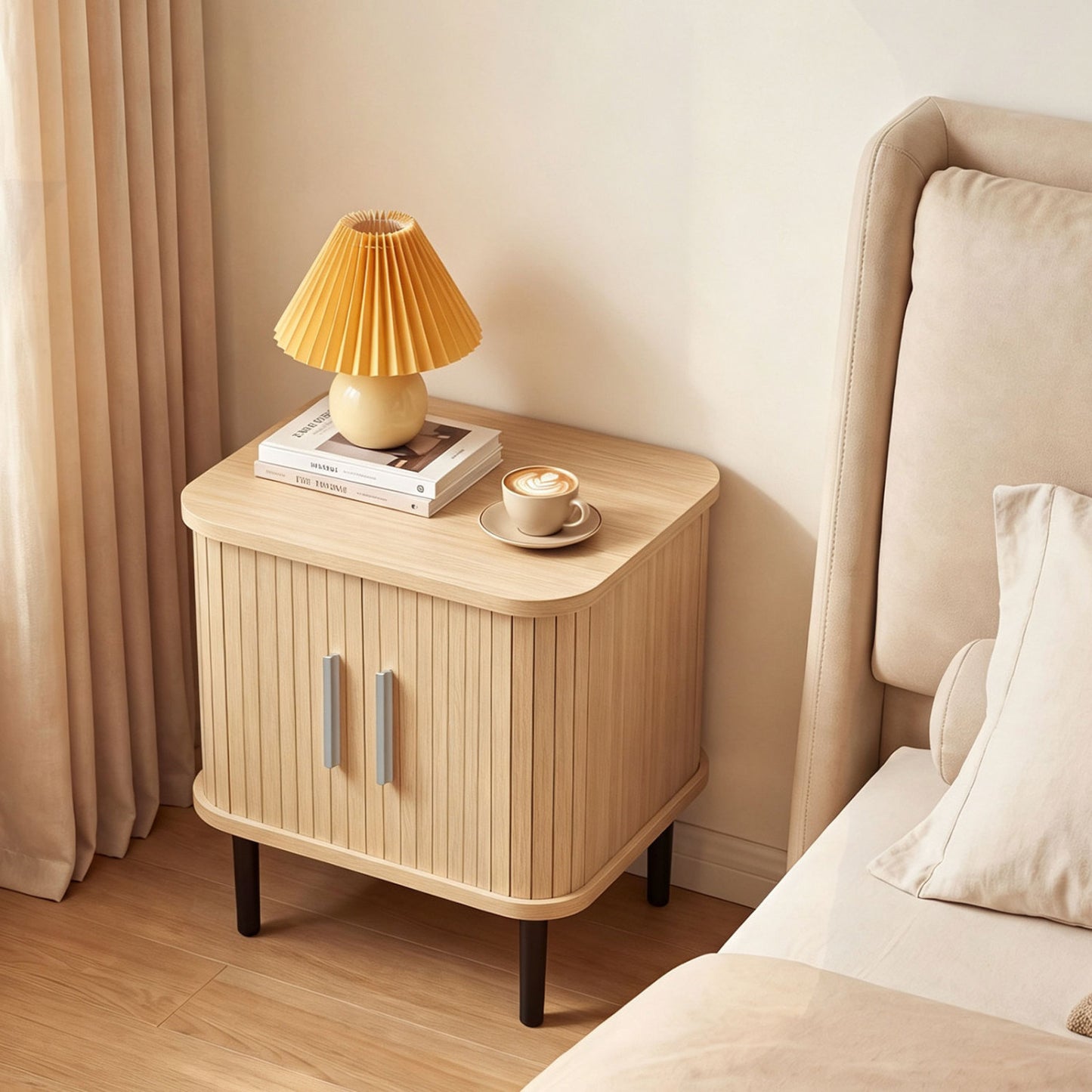 Fluted Nightstand with Sliding Doors and Adjustable Shelf