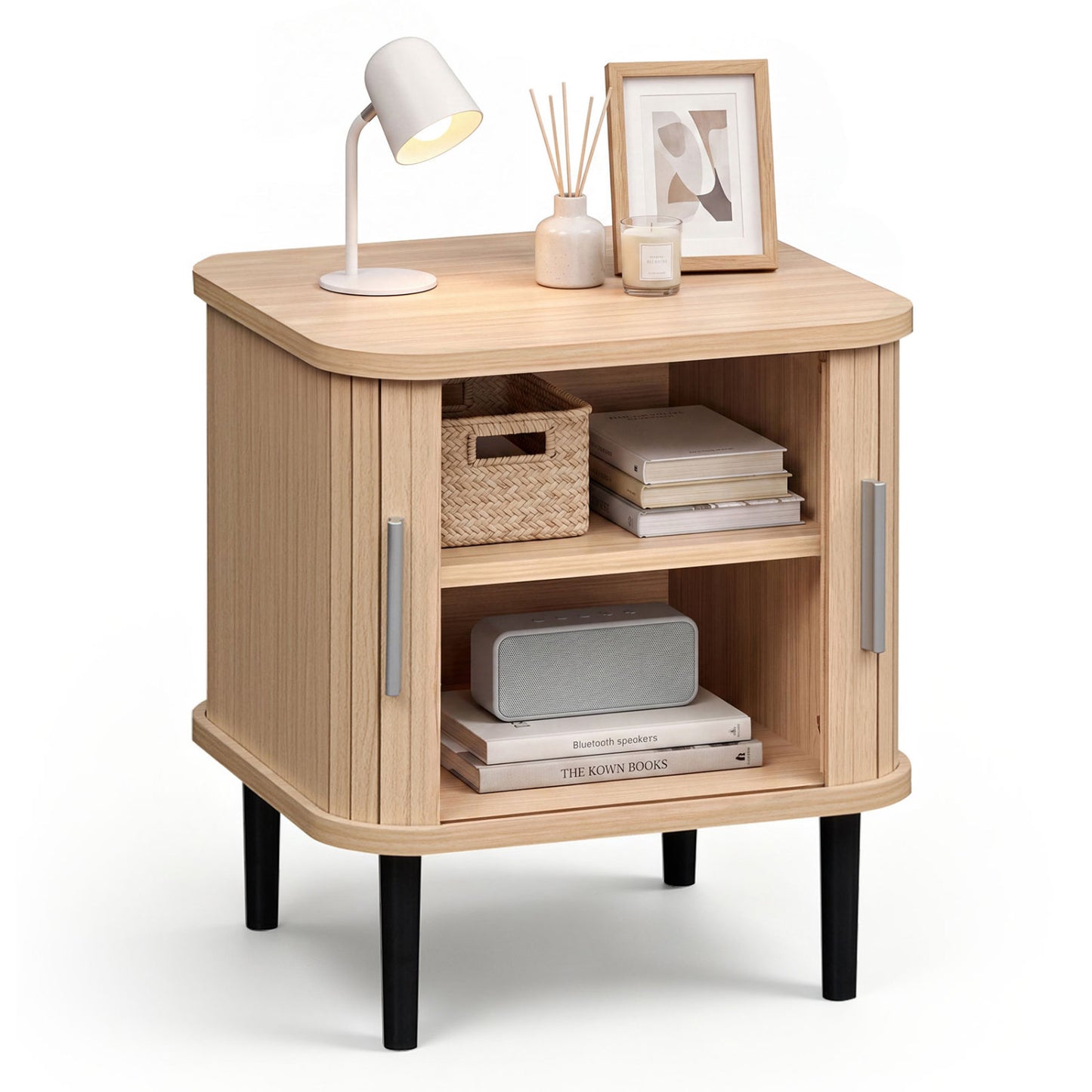 Fluted Nightstand with Sliding Doors and Adjustable Shelf