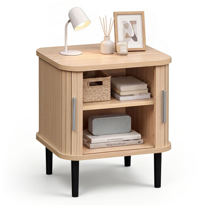 Fluted Nightstand with Sliding Doors and Adjustable Shelf