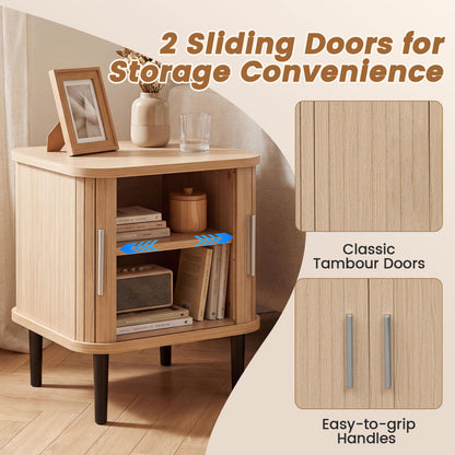 Fluted Nightstand with Sliding Doors and Adjustable Shelf