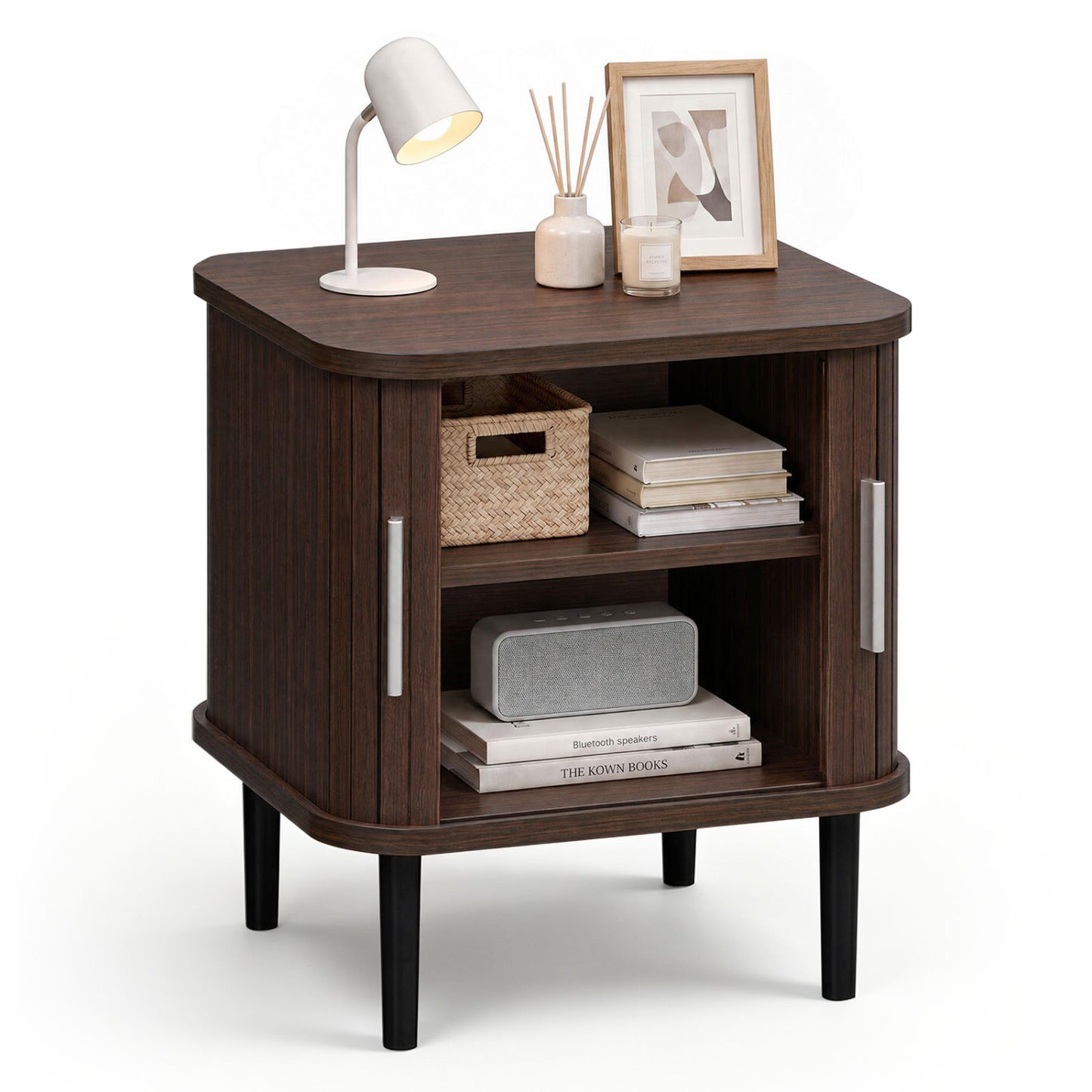 Fluted Nightstand with Sliding Doors and Adjustable Shelf