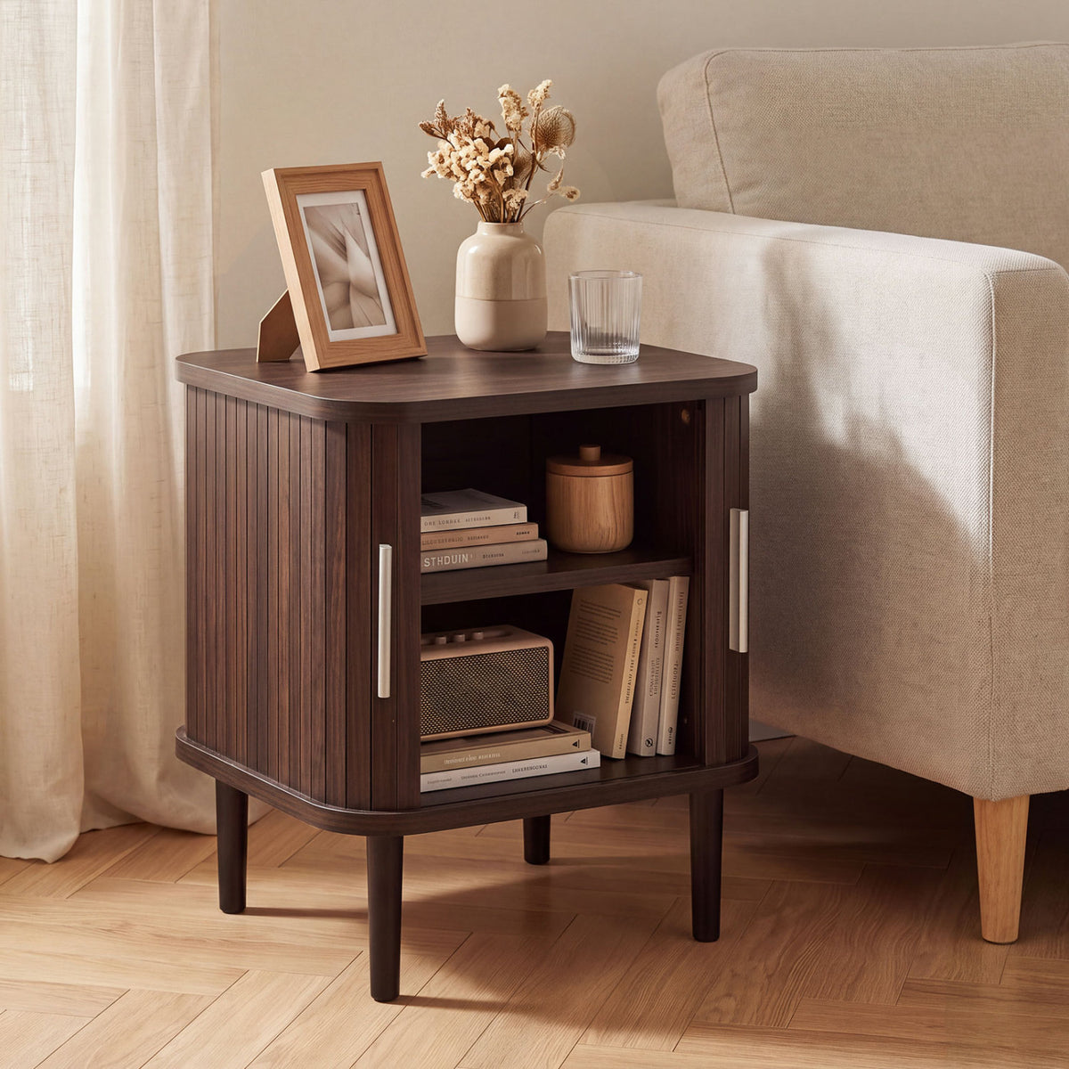 Fluted Nightstand with Sliding Doors and Adjustable Shelf