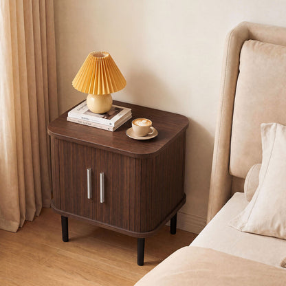 Fluted Nightstand with Sliding Doors and Adjustable Shelf