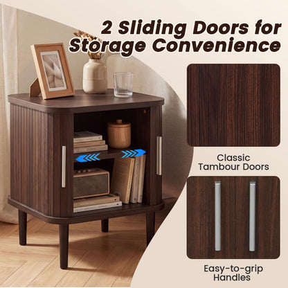 Fluted Nightstand with Sliding Doors and Adjustable Shelf