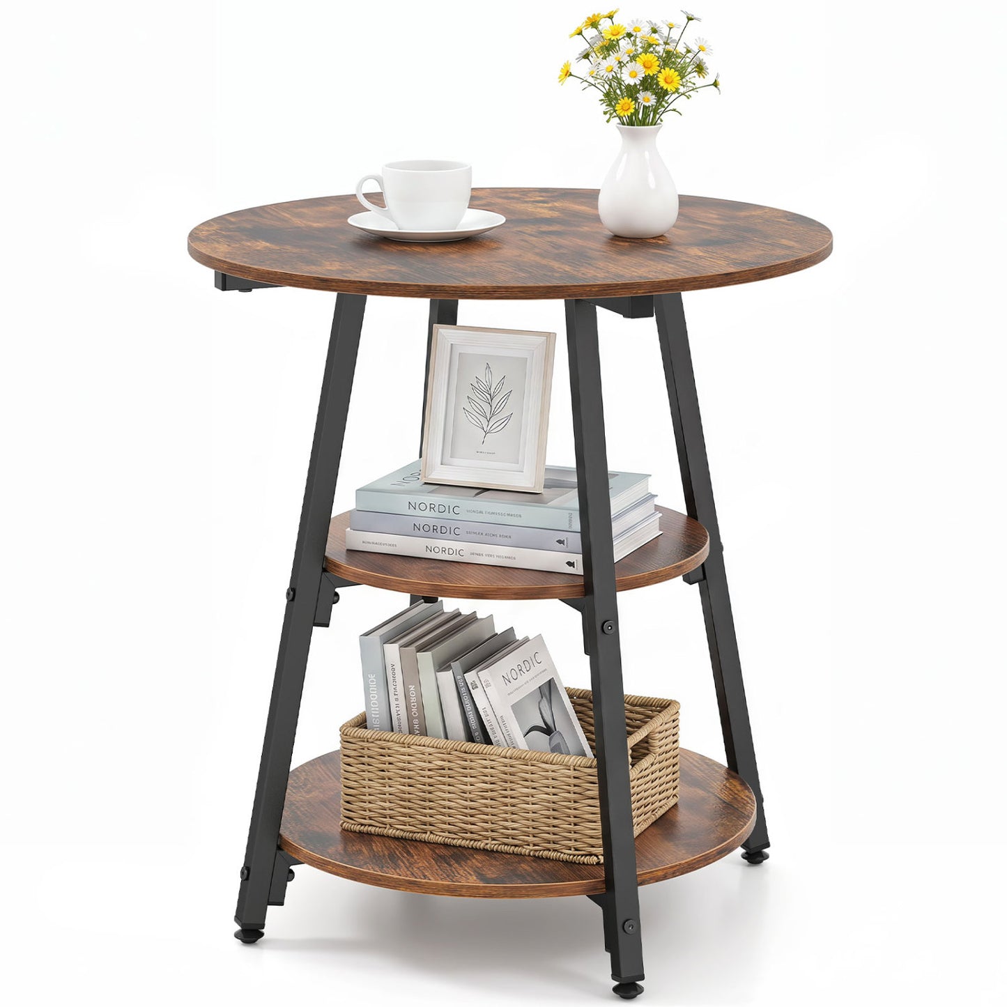 Industrial Side Table with 3-Tier Shelves and Metal Frame