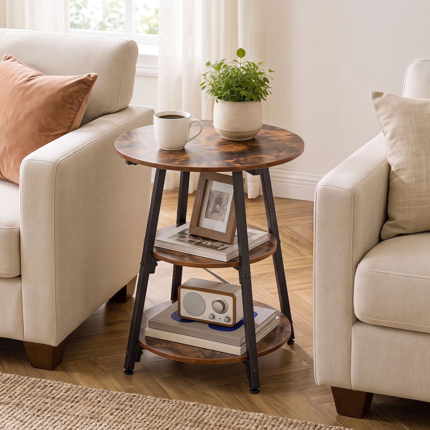 Industrial Side Table with 3-Tier Shelves and Metal Frame
