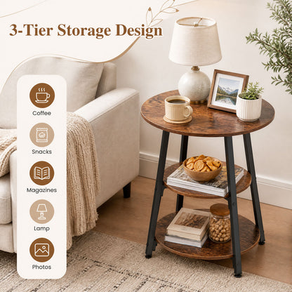 Industrial Side Table with 3-Tier Shelves and Metal Frame