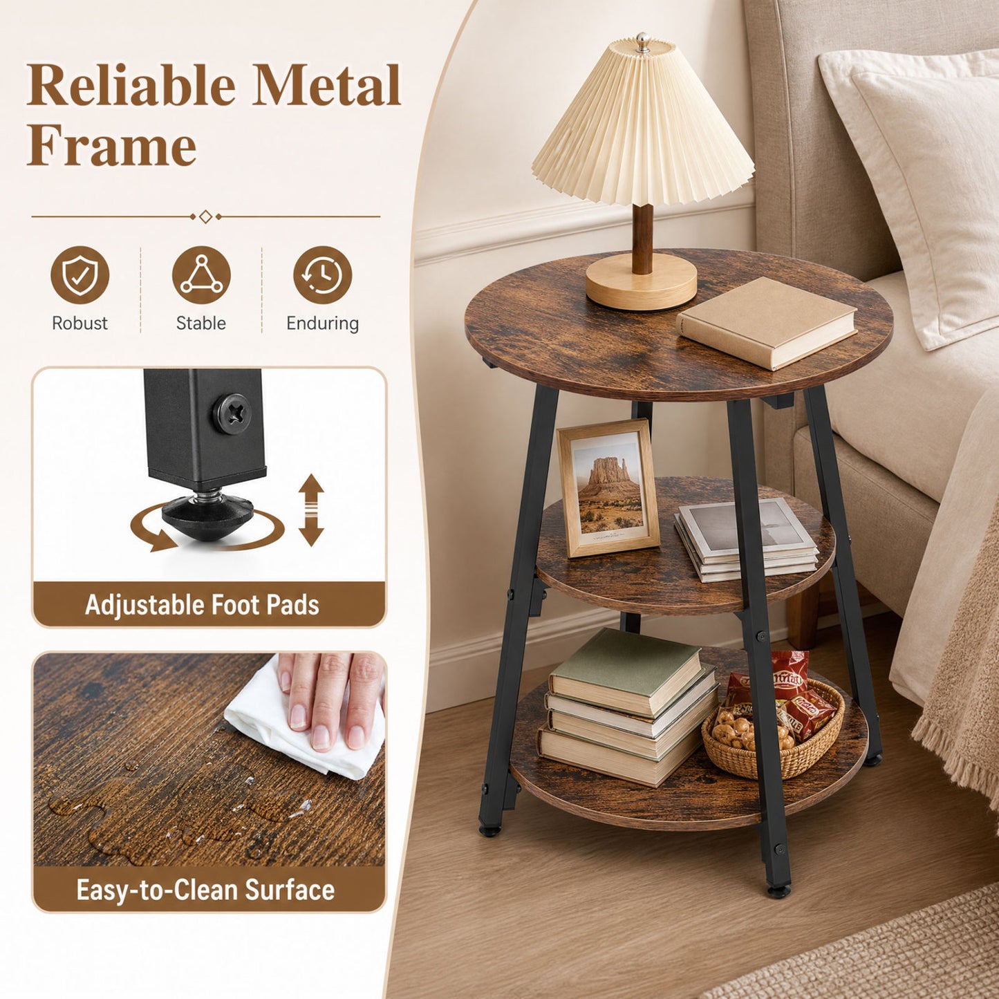Industrial Side Table with 3-Tier Shelves and Metal Frame