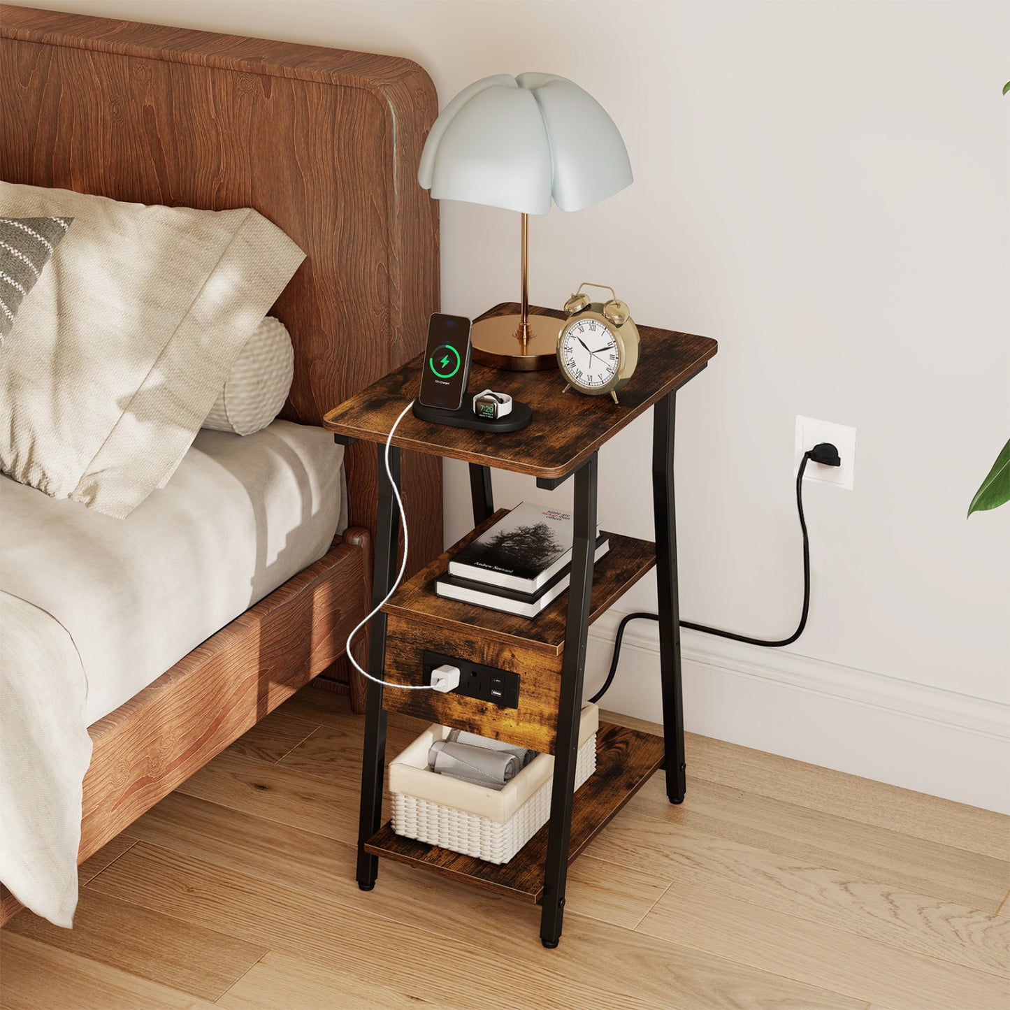 Industrial Side Table with Charging Station & 3-Tier Shelves