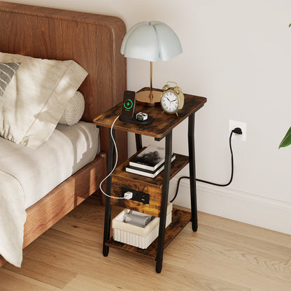Industrial Side Table with Charging Station & 3-Tier Shelves