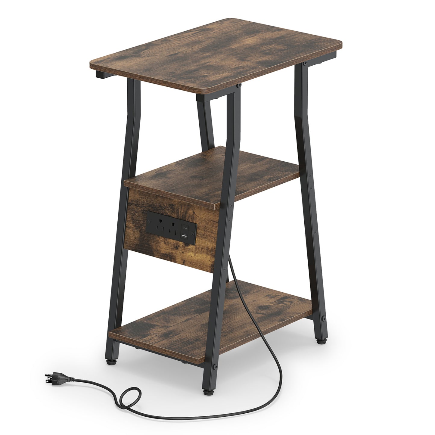 Industrial Side Table with Charging Station & 3-Tier Shelves