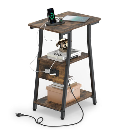 Industrial Side Table with Charging Station & 3-Tier Shelves