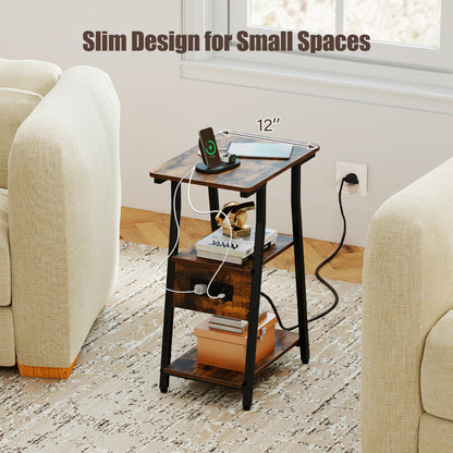 Industrial Side Table with Charging Station & 3-Tier Shelves