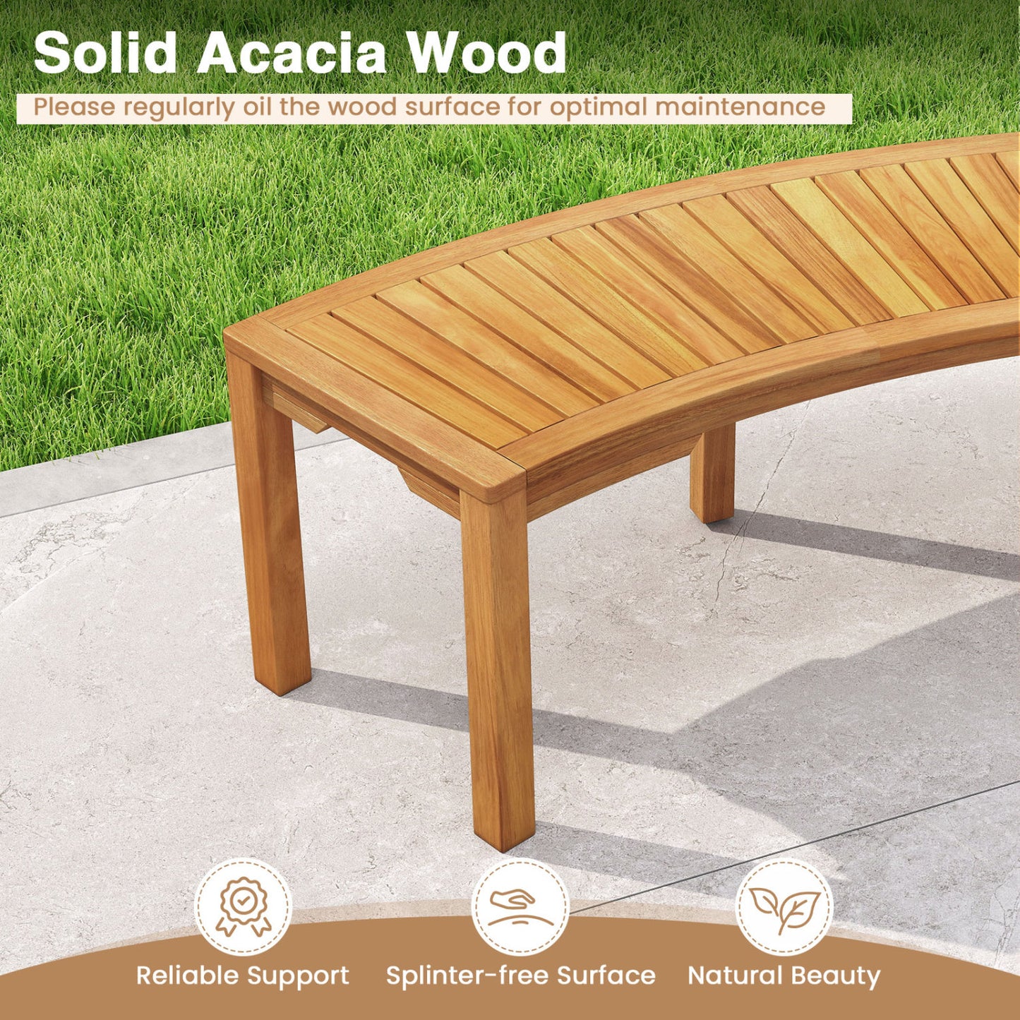Curved Acacia Wood Garden Bench for 2 Person