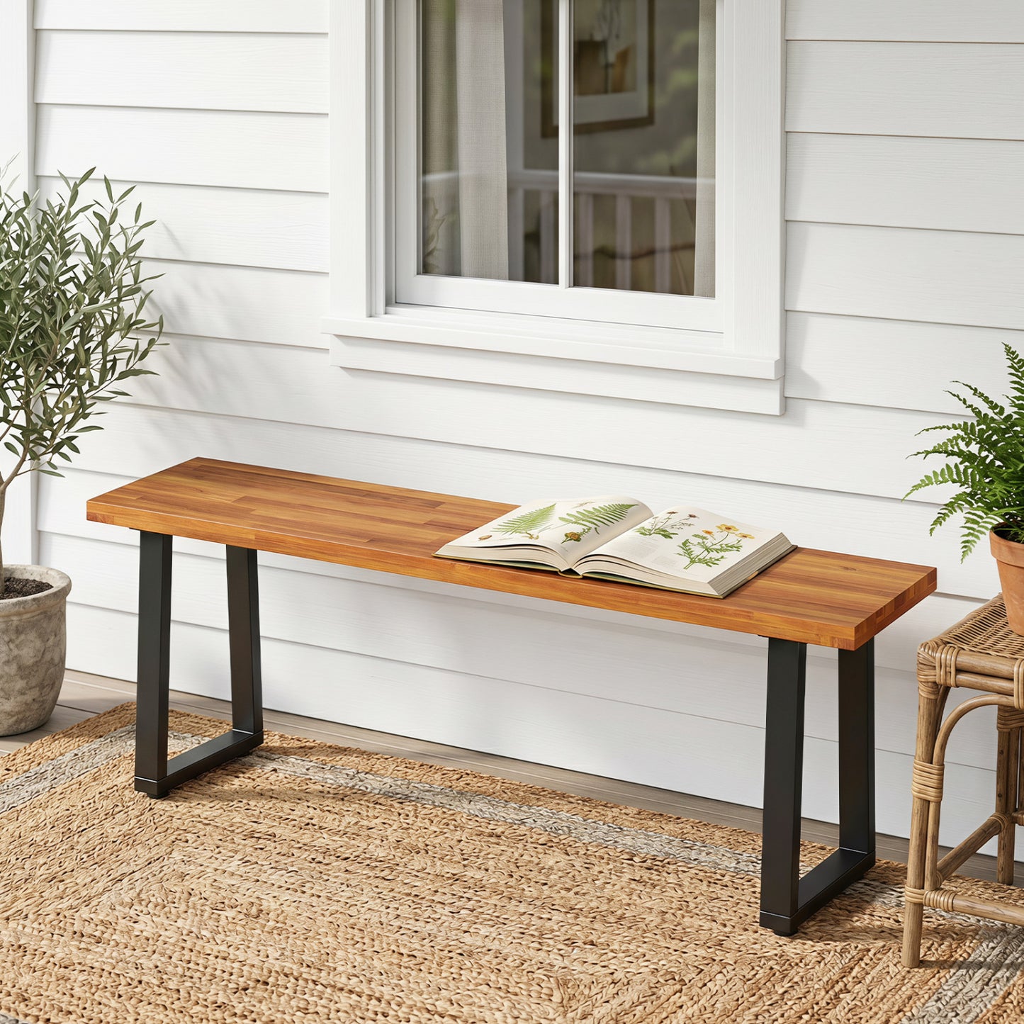 47.5" Acacia Wood Patio Bench with Metal Legs