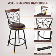 2 Pieces 24-30 Inch Adjustable PU Cushioned Swivel Barstools-Brown