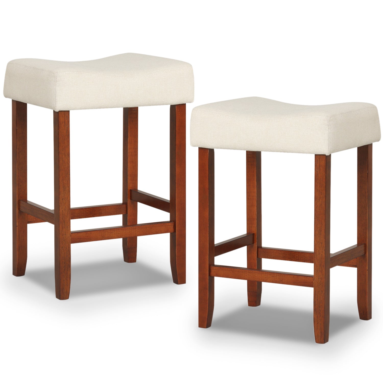 Set of 2 24 Inch Bar Stool with Curved Seat Cushions-Beige - Off White