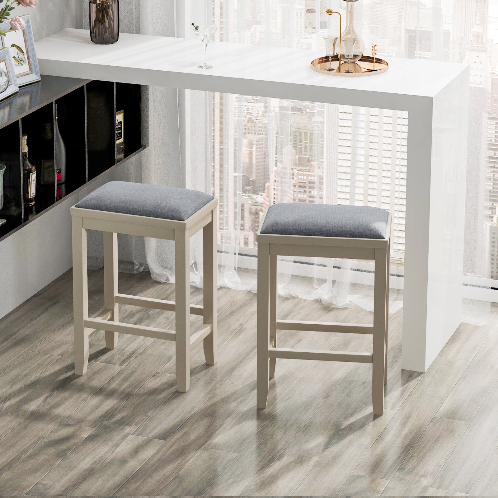 2 Pieces 25 Inch Upholstered Bar Stool Set with Solid Rubber Wood Frame and Footrest-Griege