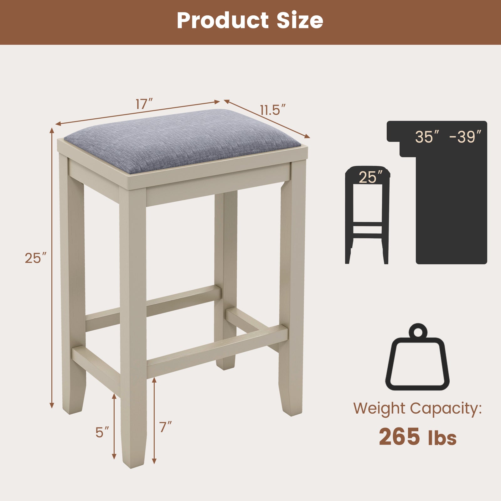 2 Pieces 25 Inch Upholstered Bar Stool Set with Solid Rubber Wood Frame and Footrest-Griege